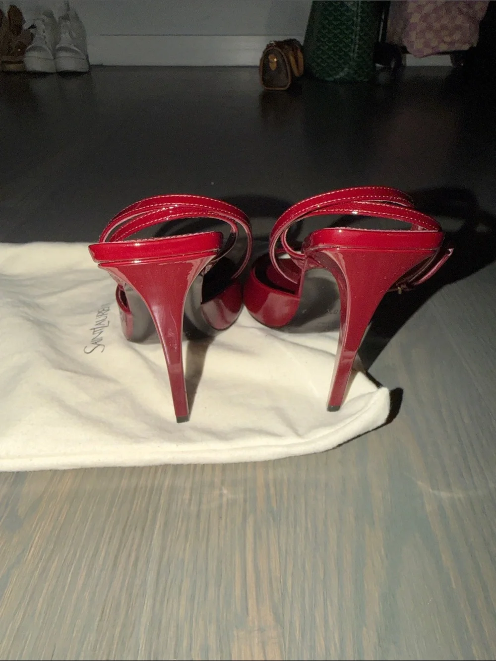 Saint Laurent Red Patent Leather Square-Toe Ankle-Strap Heels - Picture 3 of 4